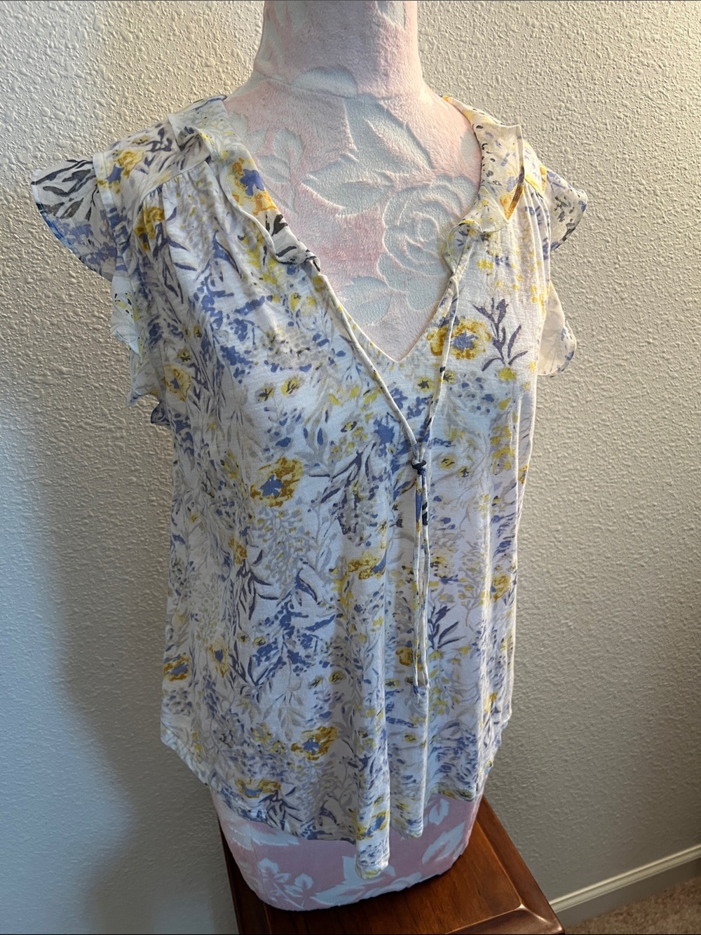 Lucky Brand White Floral V-Neck Top with Blue & Yellow Accents